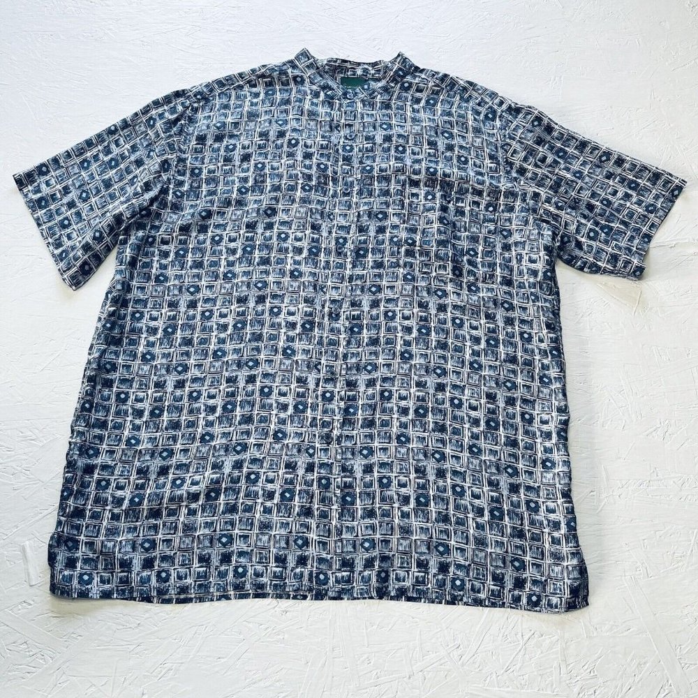 Scandia Woods 100% Silk Blue White Short Sleeve Collarless Shirt Size XL